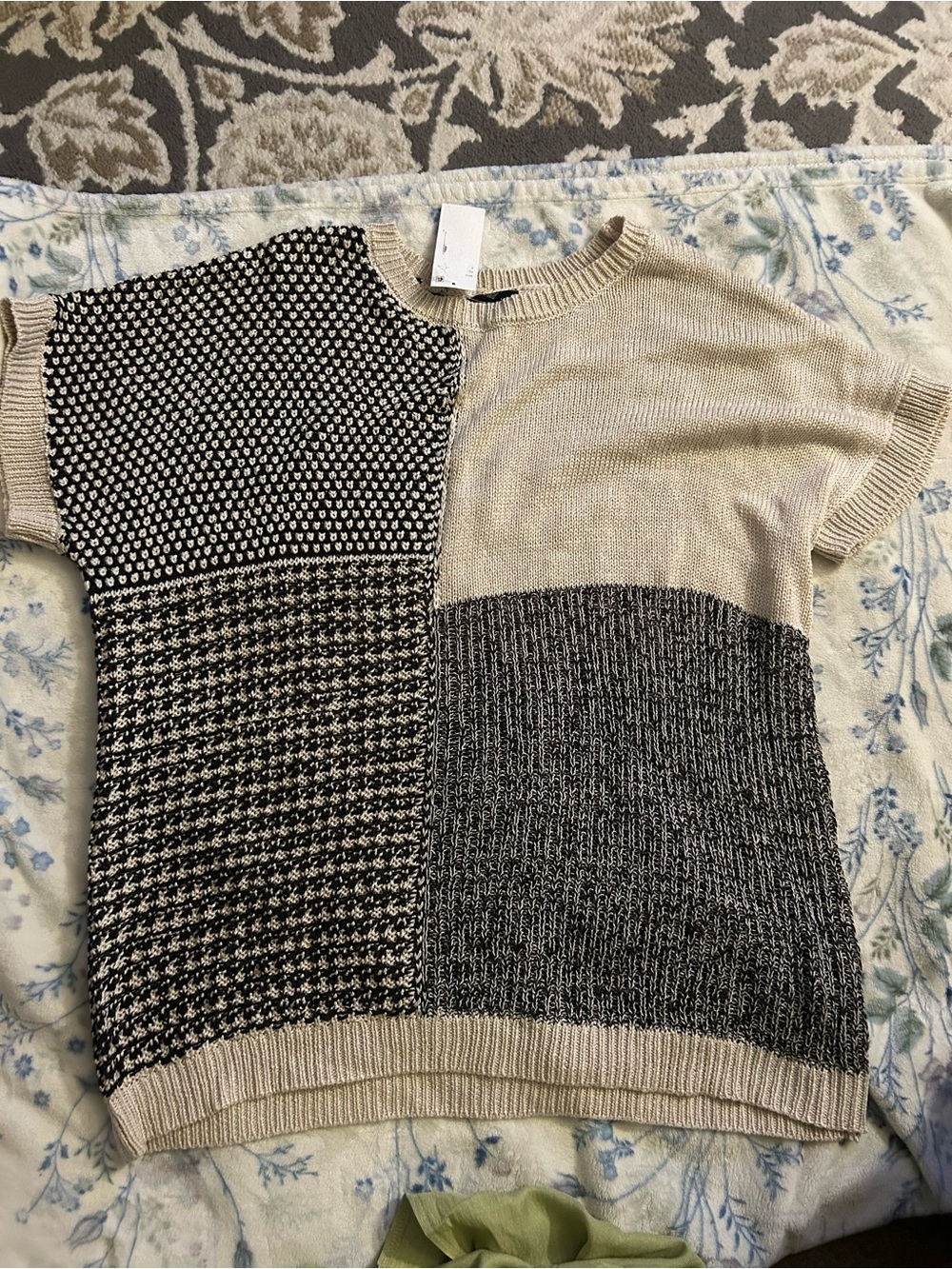 Perch Beige and Black Colorblock Short-Sleeve Crew Sweater
